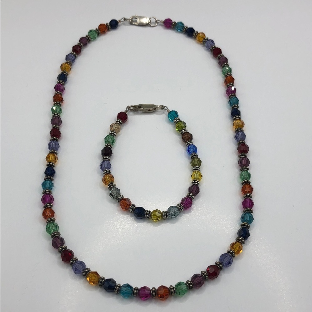 Vintage colorful sparkling sterling silver jewelry set necklace & bracelet boho.